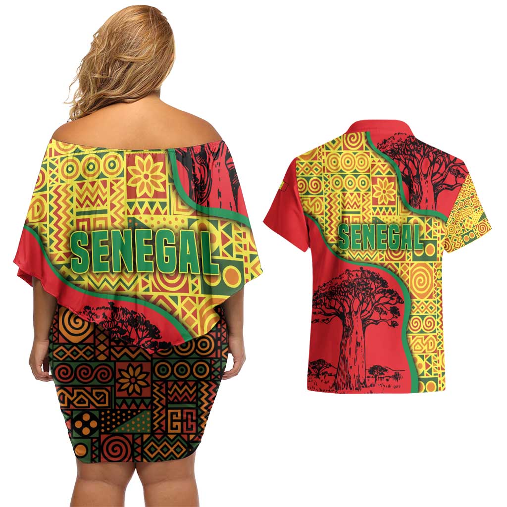 Senegal Couples Matching Off Shoulder Short Dress and Hawaiian Shirt with Baobab Tree and African Tribal Pattern Design - Wonder Print Shop