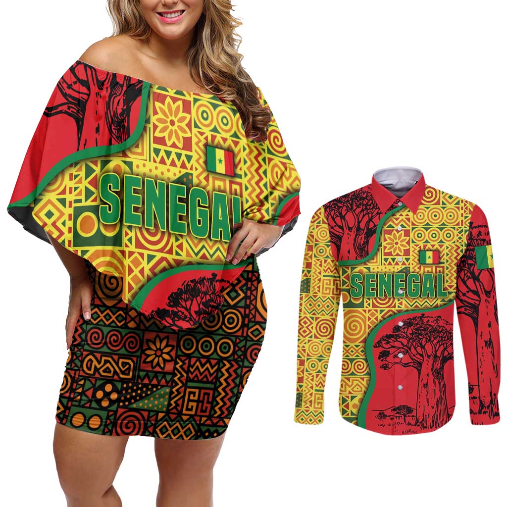 Senegal Couples Matching Off Shoulder Short Dress and Long Sleeve Button Shirt with Baobab Tree and African Tribal Pattern Design - Wonder Print Shop