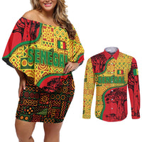 Senegal Couples Matching Off Shoulder Short Dress and Long Sleeve Button Shirt with Baobab Tree and African Tribal Pattern Design - Wonder Print Shop