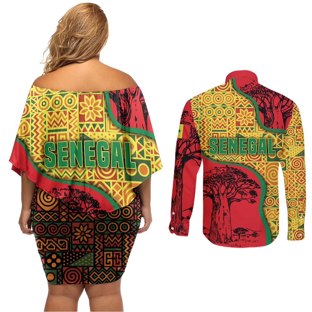 Senegal Couples Matching Off Shoulder Short Dress and Long Sleeve Button Shirt with Baobab Tree and African Tribal Pattern Design - Wonder Print Shop
