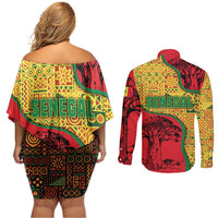 Senegal Couples Matching Off Shoulder Short Dress and Long Sleeve Button Shirt with Baobab Tree and African Tribal Pattern Design - Wonder Print Shop