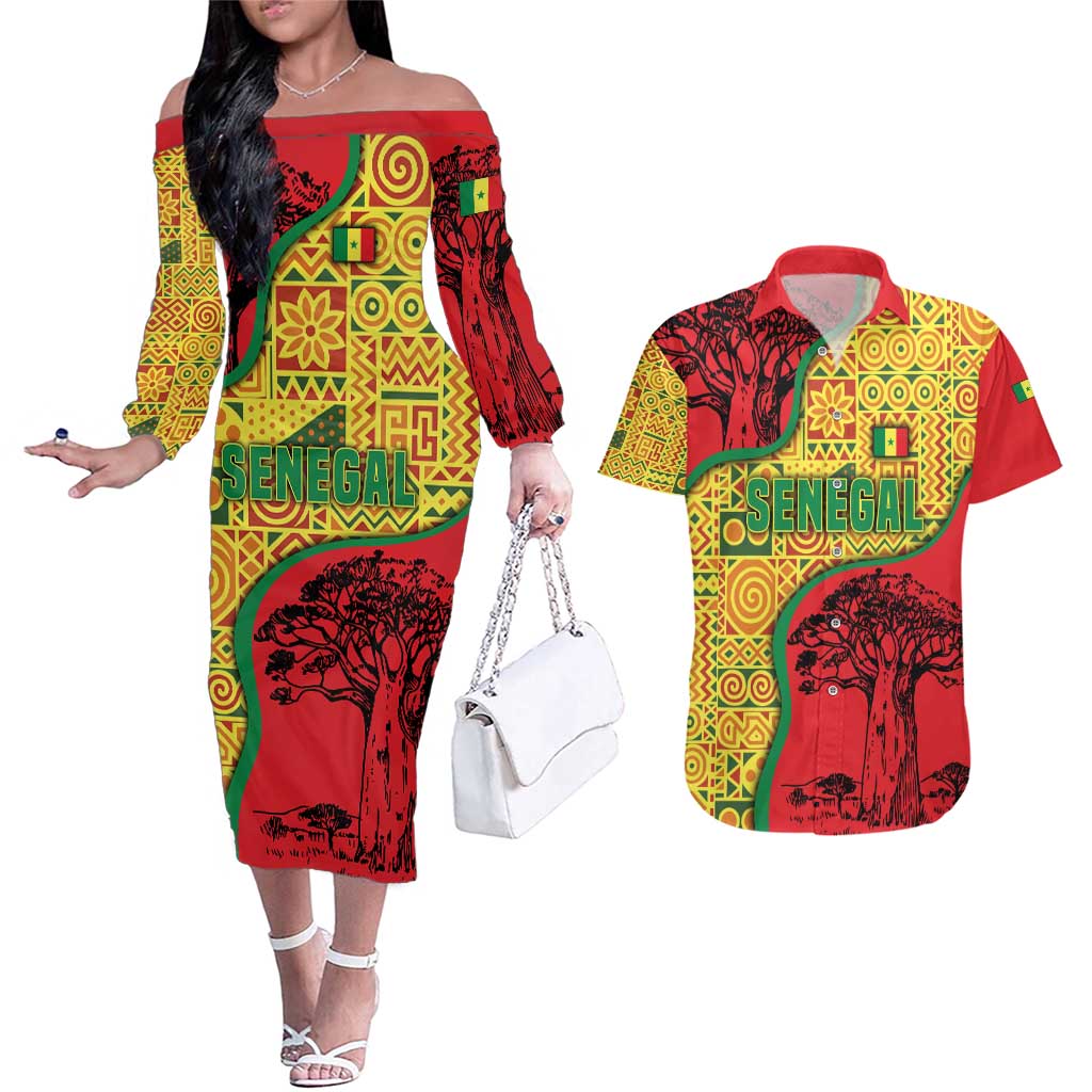 Senegal Couples Matching Off The Shoulder Long Sleeve Dress and Hawaiian Shirt with Baobab Tree and African Tribal Pattern Design - Wonder Print Shop