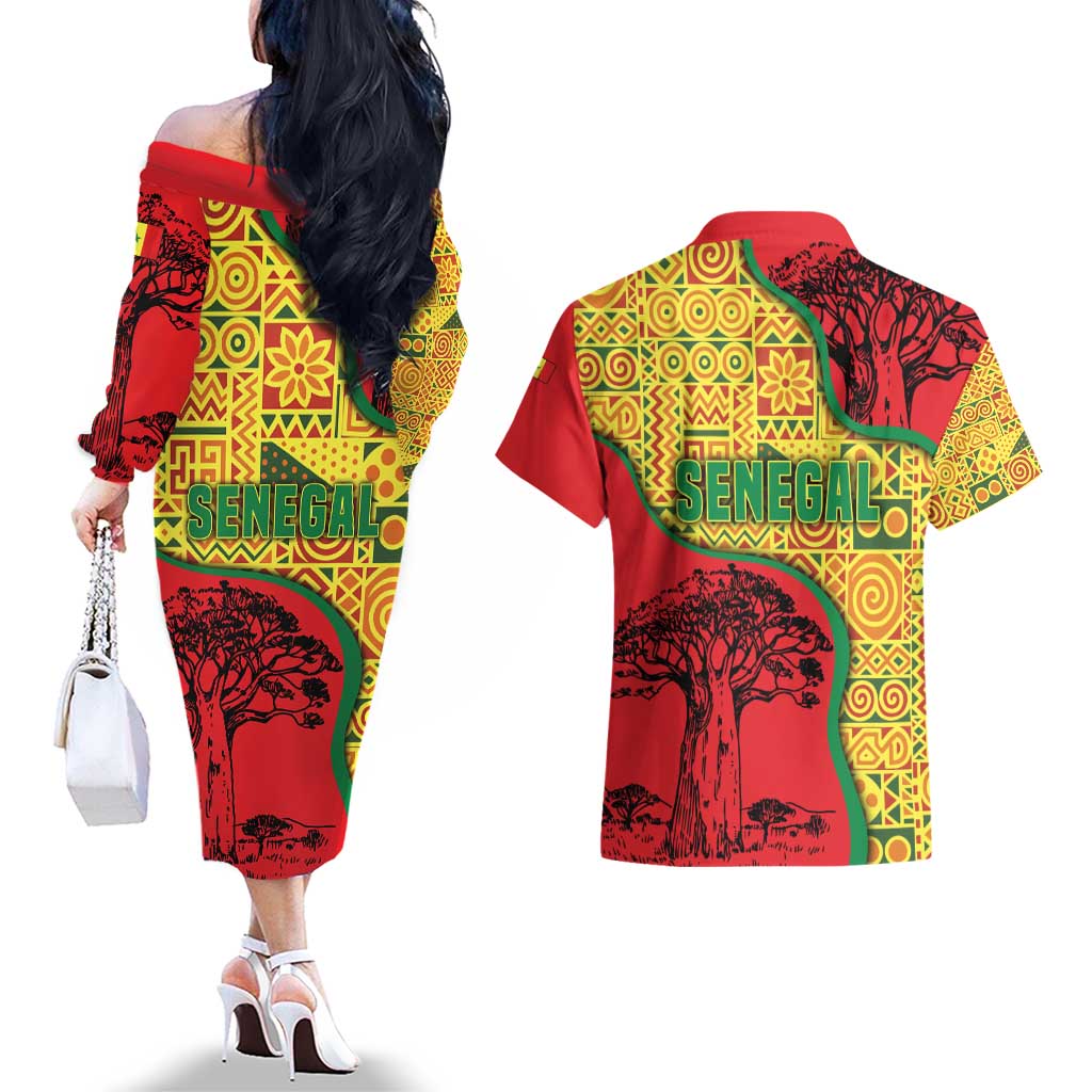 Senegal Couples Matching Off The Shoulder Long Sleeve Dress and Hawaiian Shirt with Baobab Tree and African Tribal Pattern Design - Wonder Print Shop