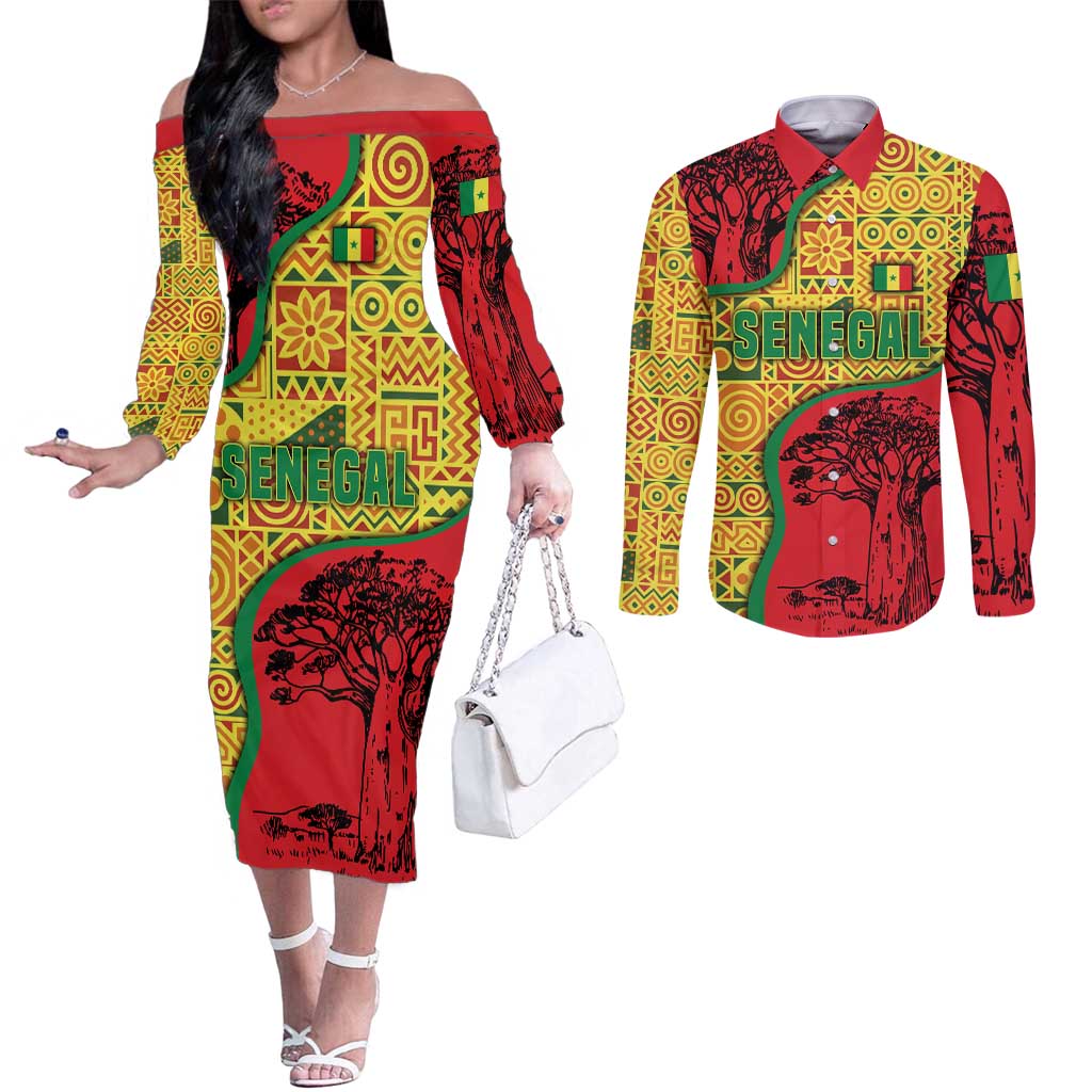 Senegal Couples Matching Off The Shoulder Long Sleeve Dress and Long Sleeve Button Shirt with Baobab Tree and African Tribal Pattern Design - Wonder Print Shop