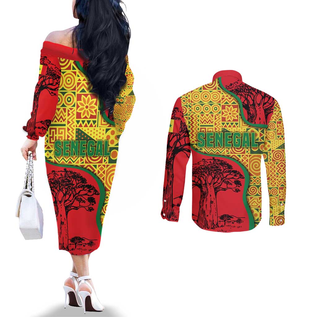 Senegal Couples Matching Off The Shoulder Long Sleeve Dress and Long Sleeve Button Shirt with Baobab Tree and African Tribal Pattern Design - Wonder Print Shop