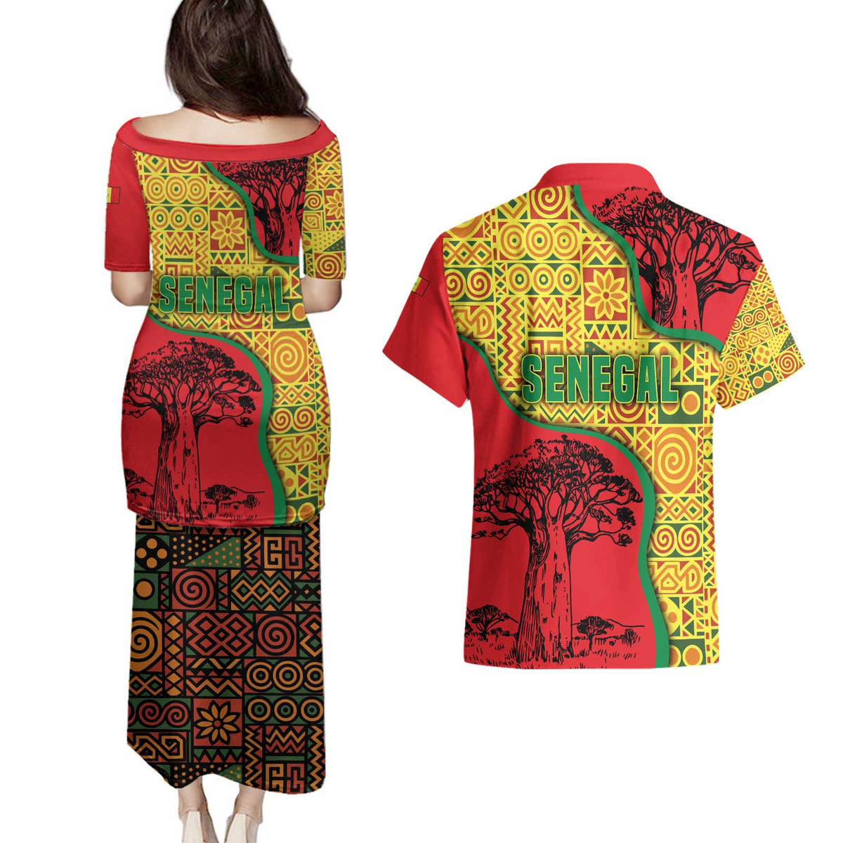 Senegal Couples Matching Puletasi and Hawaiian Shirt with Baobab Tree and African Tribal Pattern Design - Wonder Print Shop