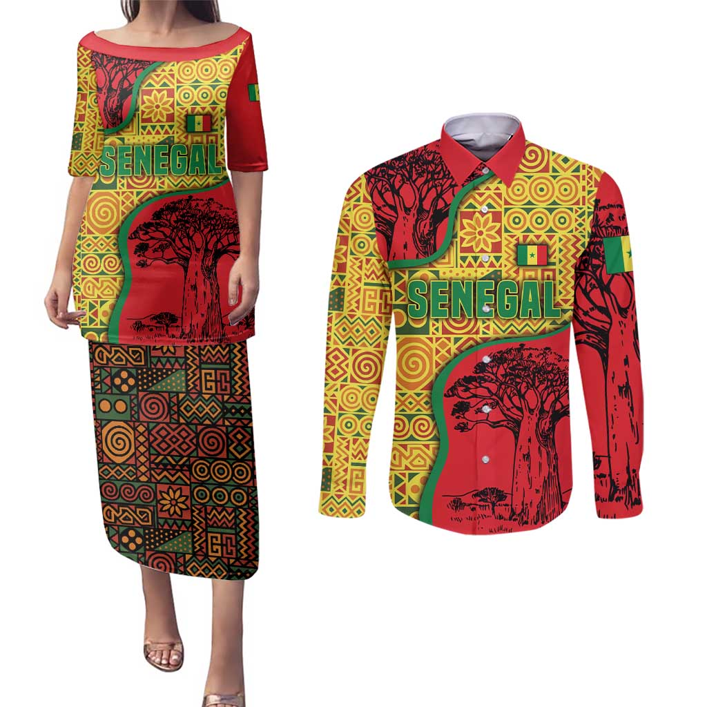 Senegal Couples Matching Puletasi and Long Sleeve Button Shirt with Baobab Tree and African Tribal Pattern Design - Wonder Print Shop