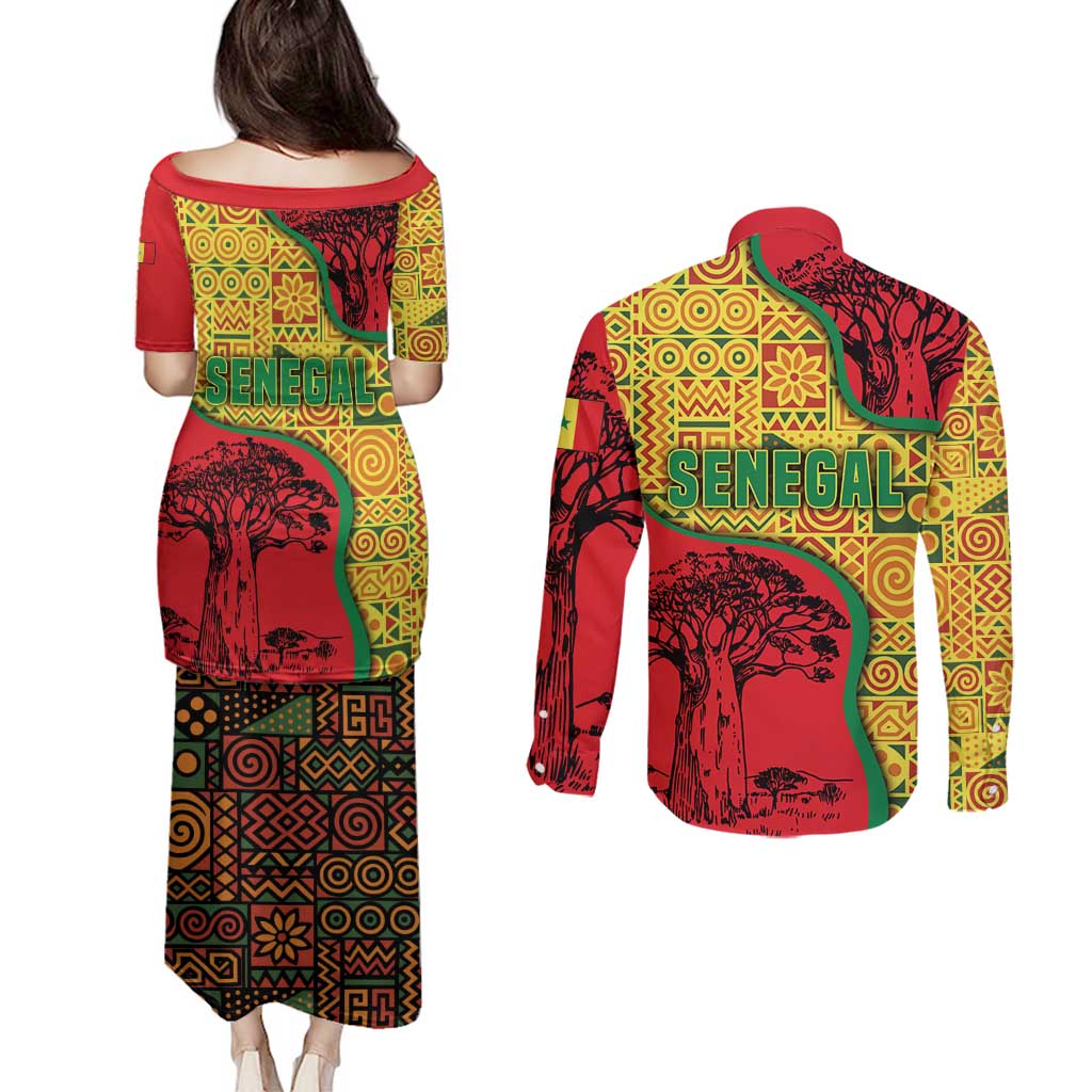 Senegal Couples Matching Puletasi and Long Sleeve Button Shirt with Baobab Tree and African Tribal Pattern Design - Wonder Print Shop