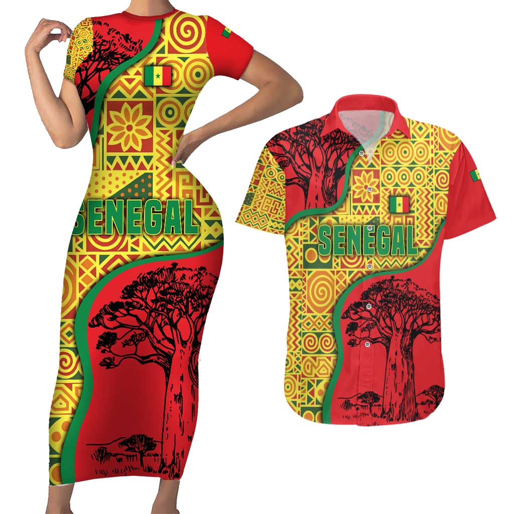 Senegal Couples Matching Short Sleeve Bodycon Dress and Hawaiian Shirt with Baobab Tree and African Tribal Pattern Design - Wonder Print Shop