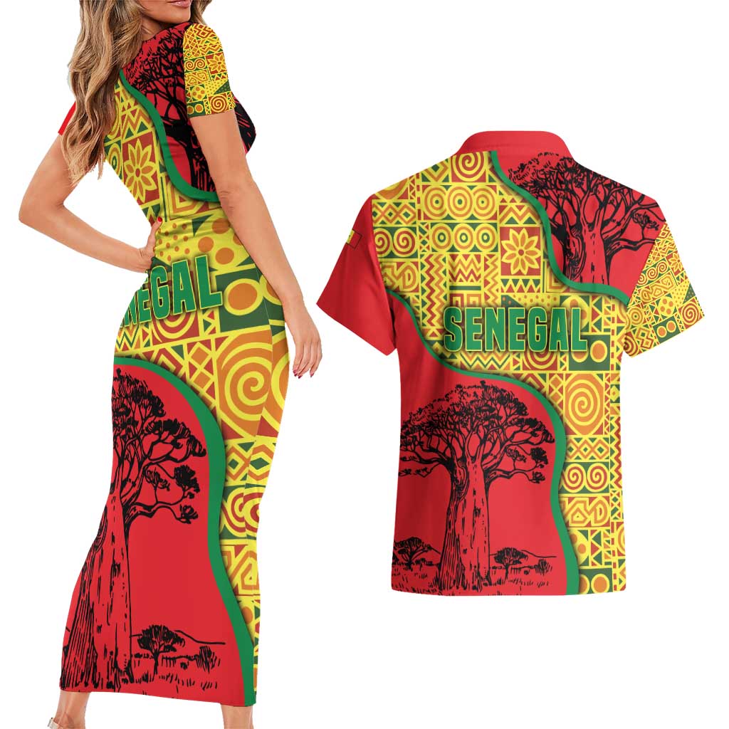 Senegal Couples Matching Short Sleeve Bodycon Dress and Hawaiian Shirt with Baobab Tree and African Tribal Pattern Design - Wonder Print Shop