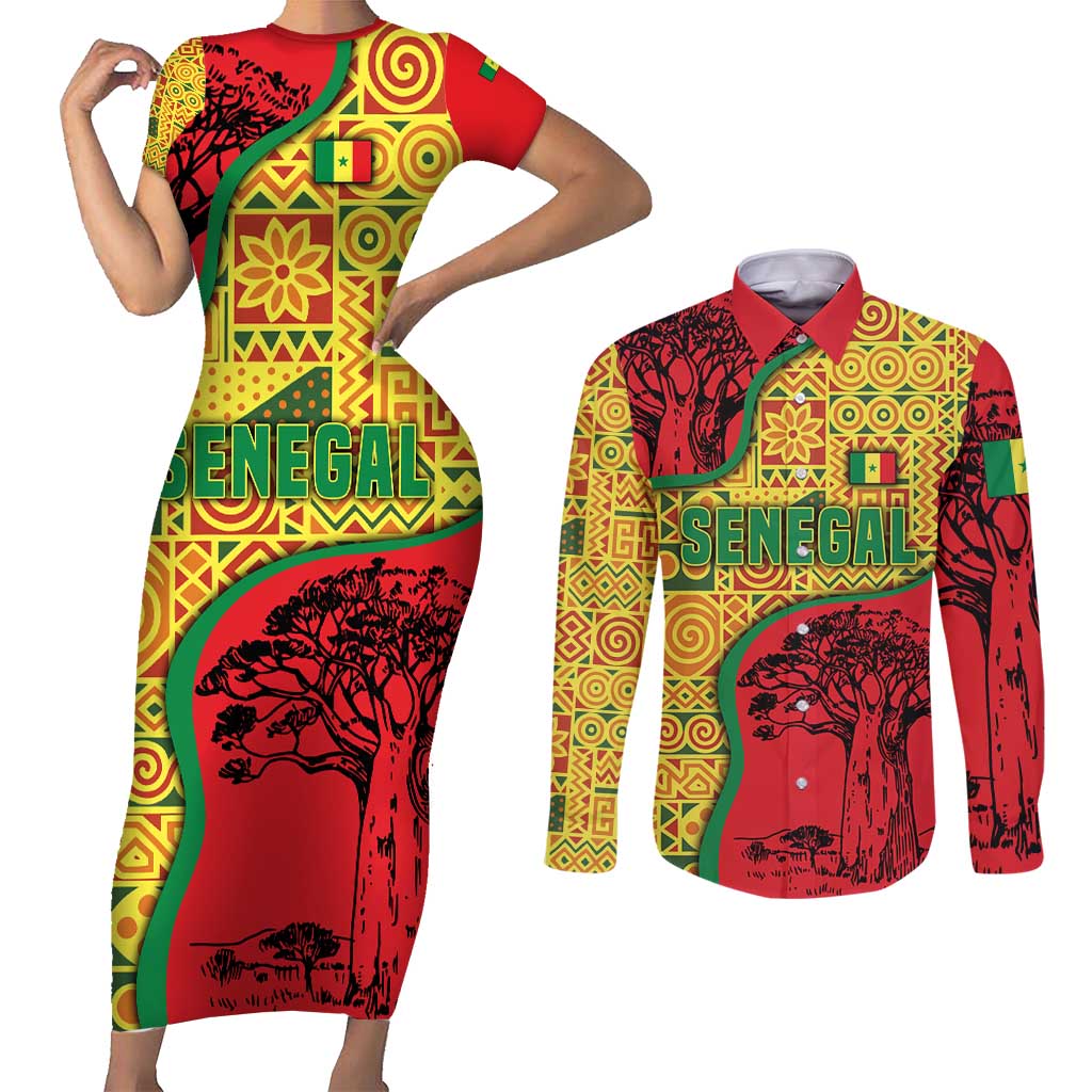 Senegal Couples Matching Short Sleeve Bodycon Dress and Long Sleeve Button Shirt with Baobab Tree and African Tribal Pattern Design - Wonder Print Shop