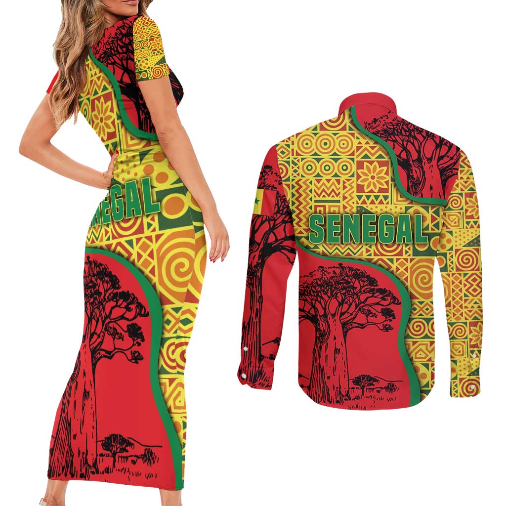 Senegal Couples Matching Short Sleeve Bodycon Dress and Long Sleeve Button Shirt with Baobab Tree and African Tribal Pattern Design - Wonder Print Shop