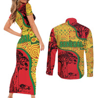 Senegal Couples Matching Short Sleeve Bodycon Dress and Long Sleeve Button Shirt with Baobab Tree and African Tribal Pattern Design - Wonder Print Shop
