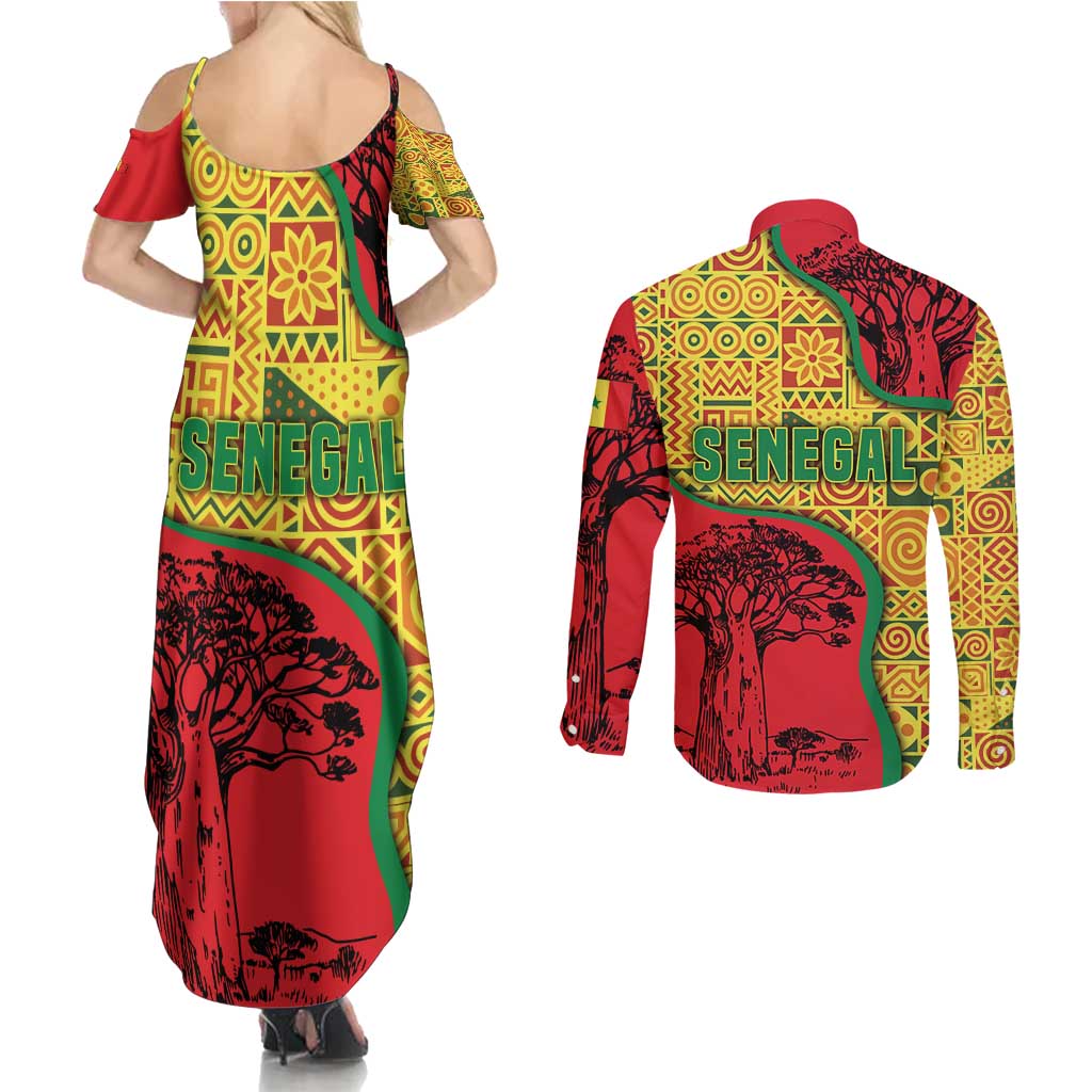 Senegal Couples Matching Summer Maxi Dress and Long Sleeve Button Shirt with Baobab Tree and African Tribal Pattern Design - Wonder Print Shop