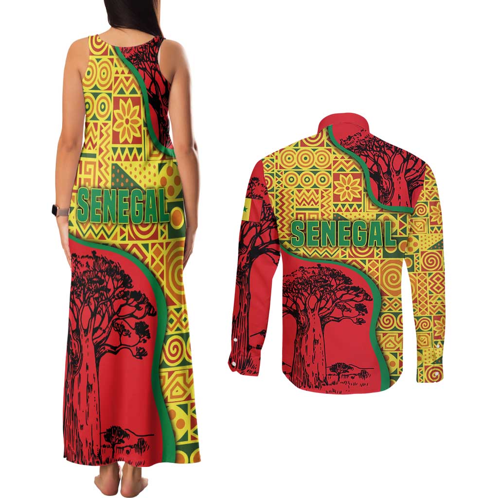 Senegal Couples Matching Tank Maxi Dress and Long Sleeve Button Shirt with Baobab Tree and African Tribal Pattern Design - Wonder Print Shop
