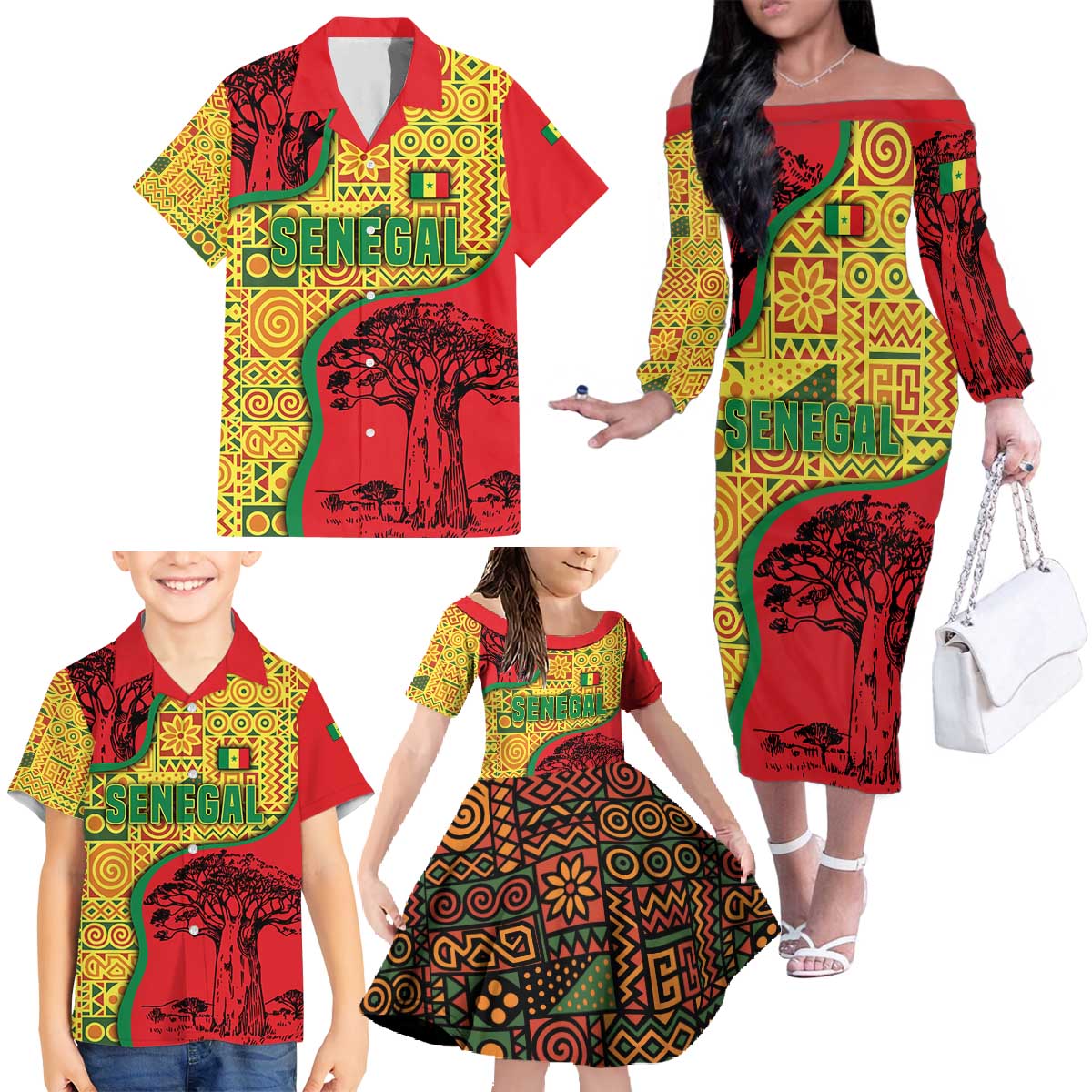 Senegal Family Matching Off The Shoulder Long Sleeve Dress and Hawaiian Shirt with Baobab Tree and African Tribal Pattern Design - Wonder Print Shop