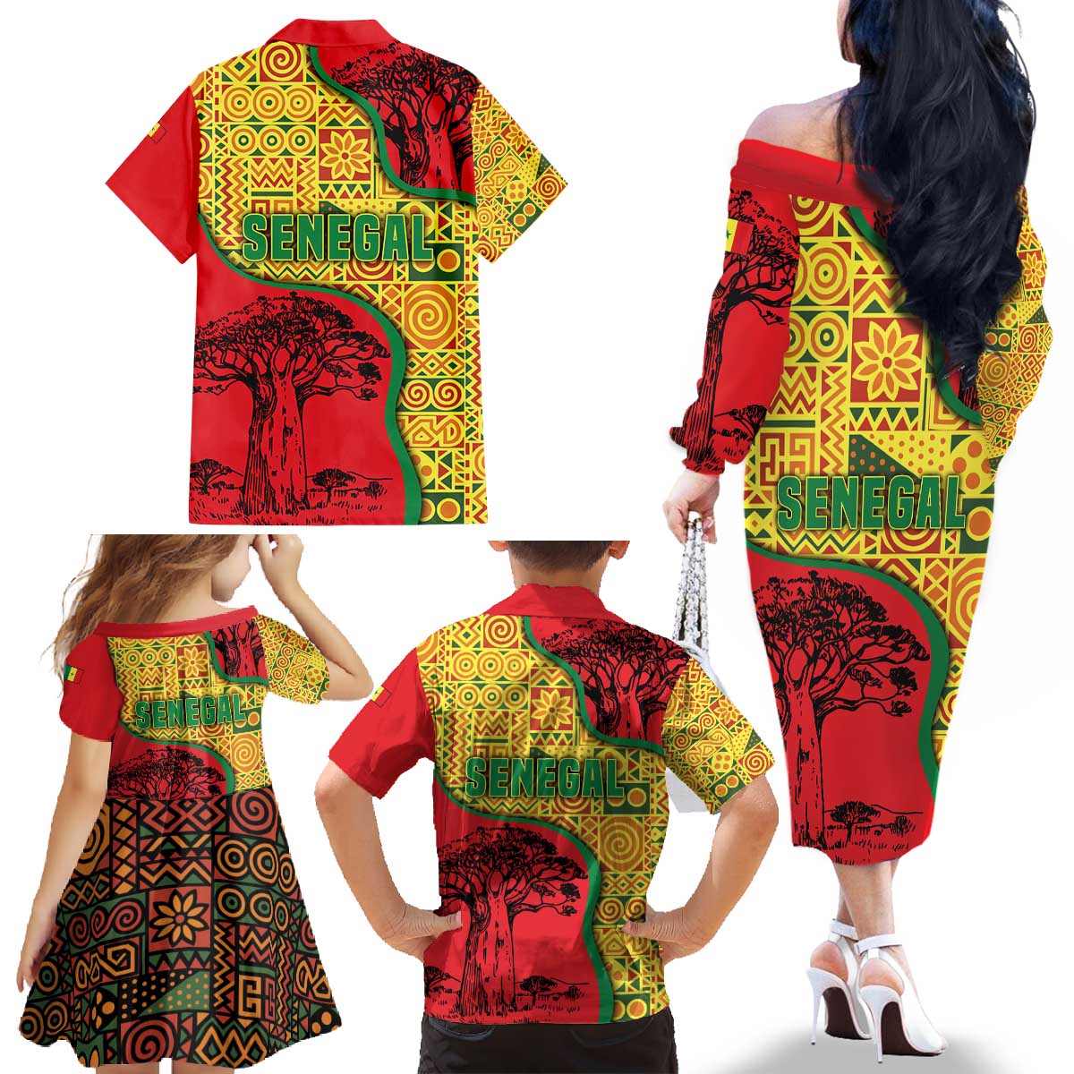 Senegal Family Matching Off The Shoulder Long Sleeve Dress and Hawaiian Shirt with Baobab Tree and African Tribal Pattern Design - Wonder Print Shop