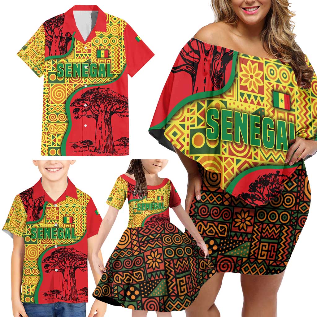 Senegal Family Matching Off Shoulder Short Dress and Hawaiian Shirt with Baobab Tree and African Tribal Pattern Design - Wonder Print Shop