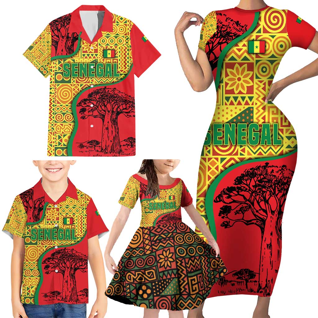 Senegal Family Matching Short Sleeve Bodycon Dress and Hawaiian Shirt with Baobab Tree and African Tribal Pattern Design - Wonder Print Shop