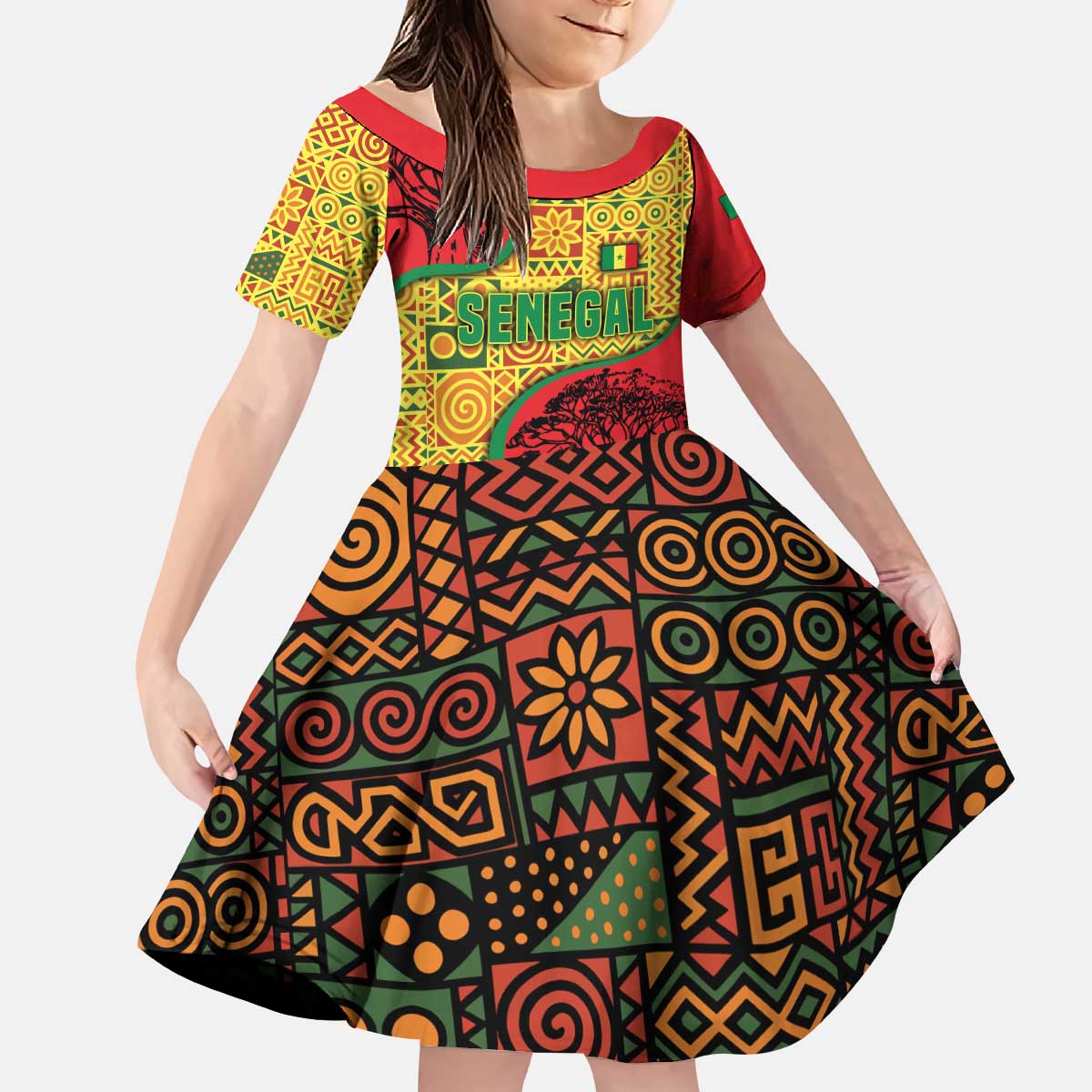 Senegal Kid Short Sleeve Dress with Baobab Tree and African Tribal Pattern Design - Wonder Print Shop