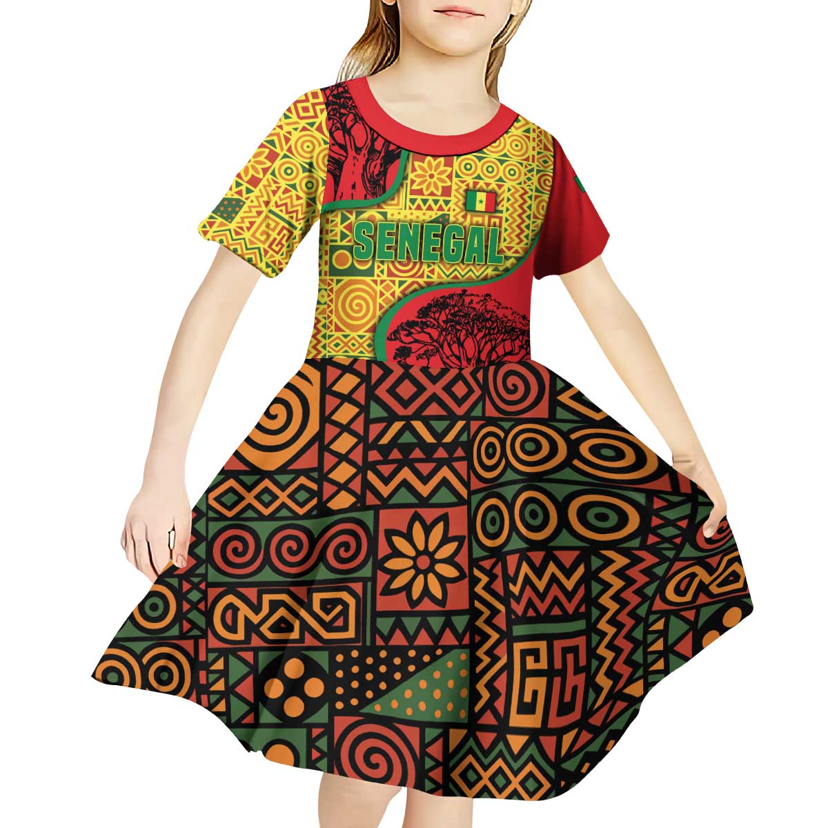 Senegal Kid Short Sleeve Dress with Baobab Tree and African Tribal Pattern Design - Wonder Print Shop