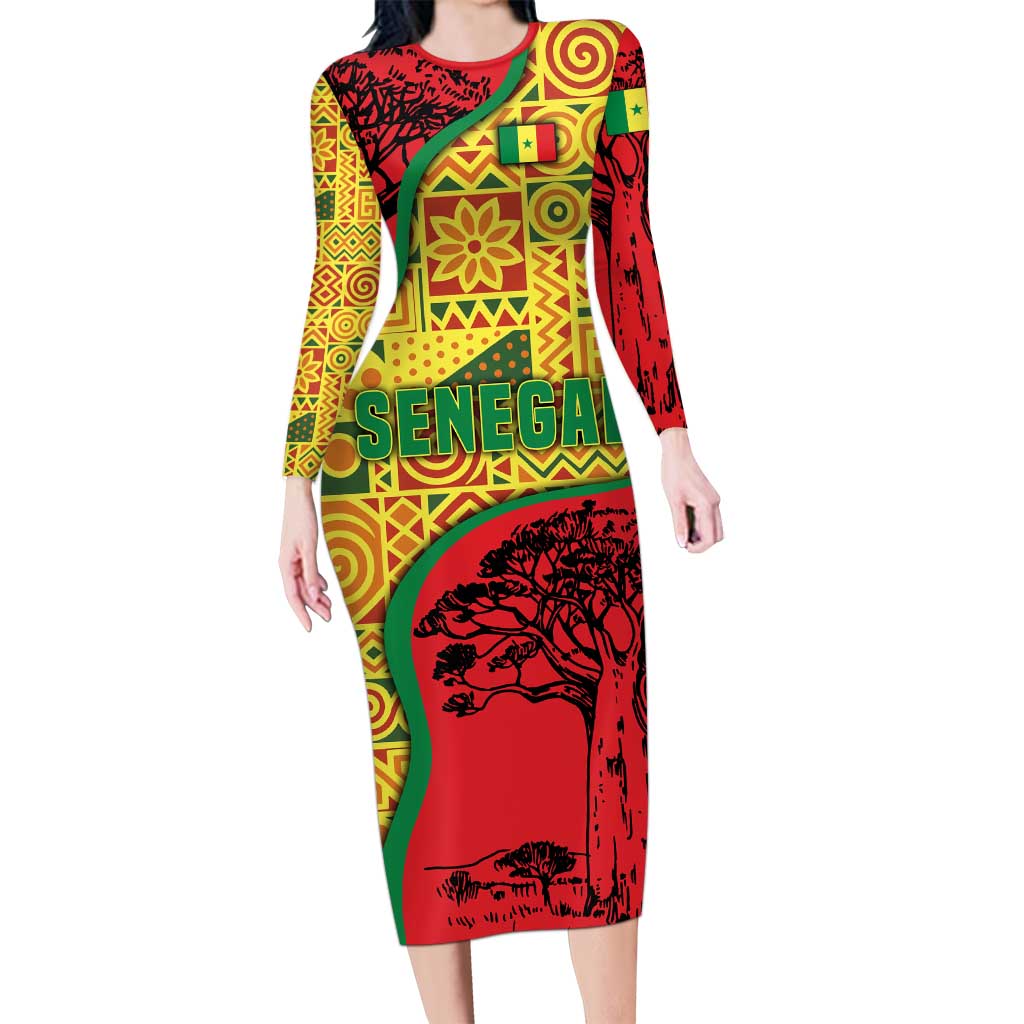 Senegal Long Sleeve Bodycon Dress with Baobab Tree and African Tribal Pattern Design - Wonder Print Shop