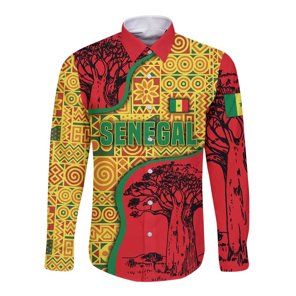 Senegal Long Sleeve Button Shirt with Baobab Tree and African Tribal Pattern Design - Wonder Print Shop