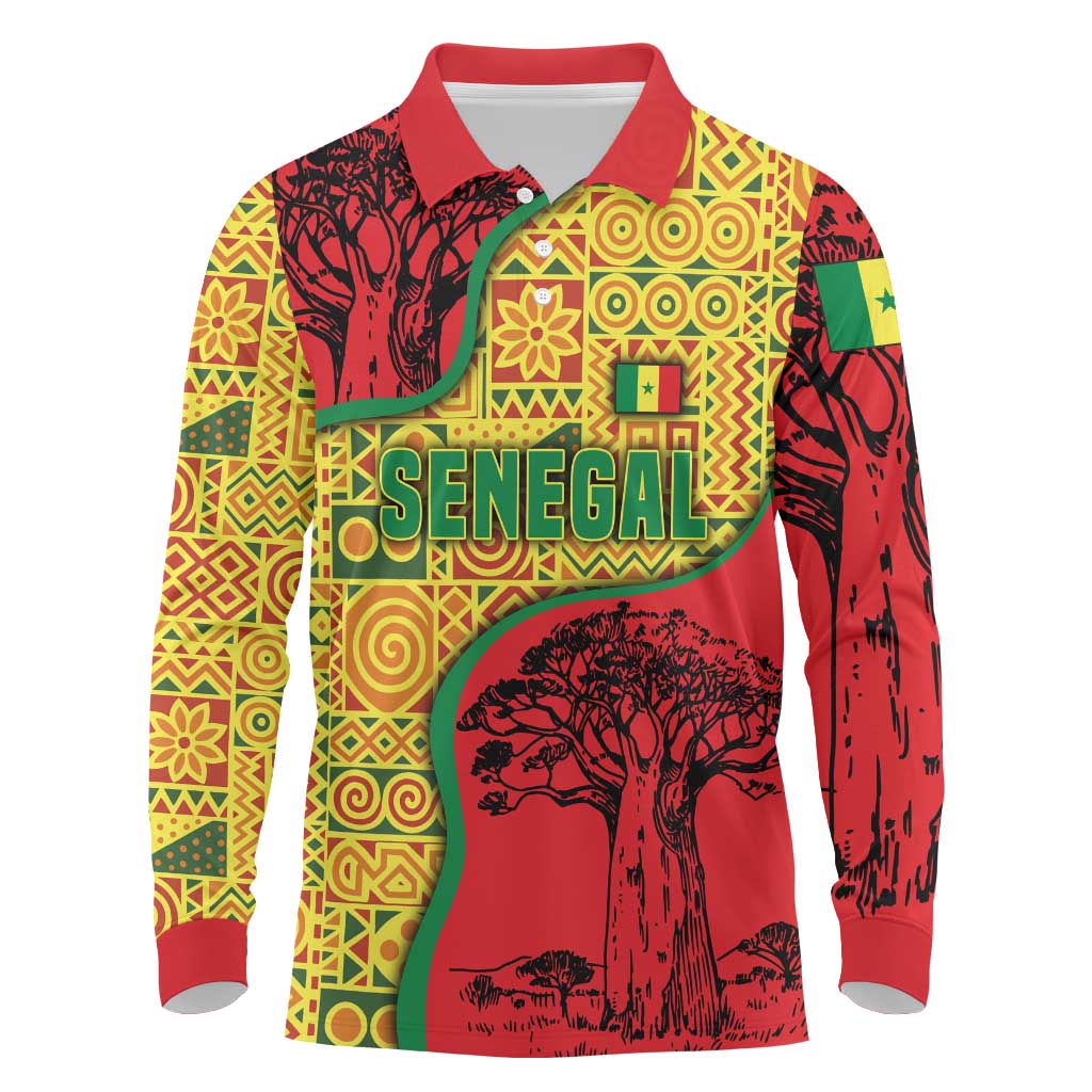 Senegal Long Sleeve Polo Shirt with Baobab Tree and African Tribal Pattern Design - Wonder Print Shop