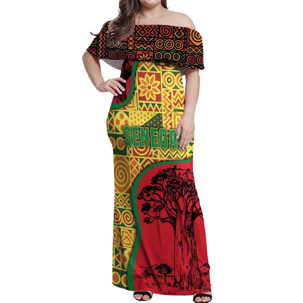 Senegal Off Shoulder Maxi Dress with Baobab Tree and African Tribal Pattern Design - Wonder Print Shop