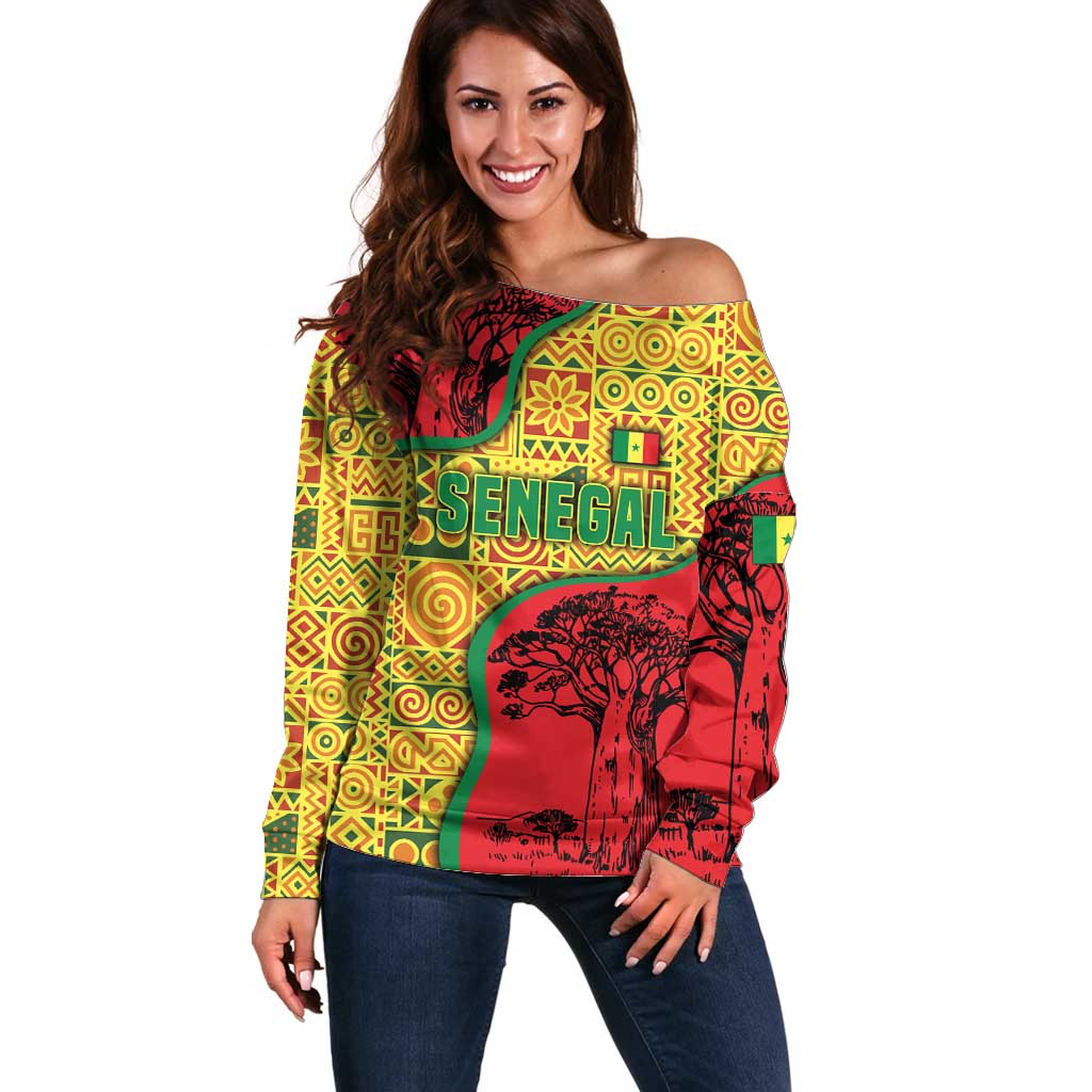 Senegal Off Shoulder Sweater with Baobab Tree and African Tribal Pattern Design - Wonder Print Shop