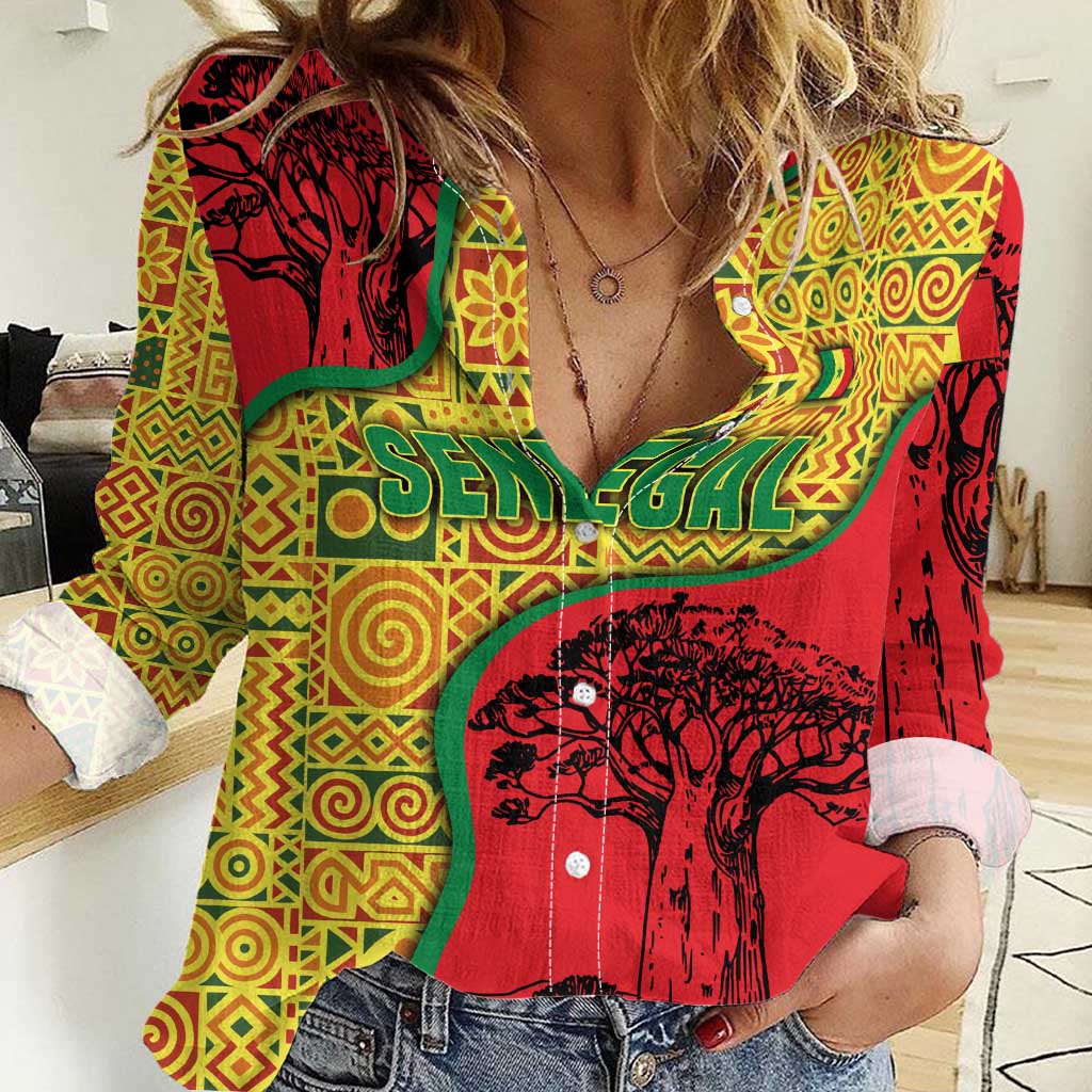 Senegal Women Casual Shirt with Baobab Tree and African Tribal Pattern Design - Wonder Print Shop
