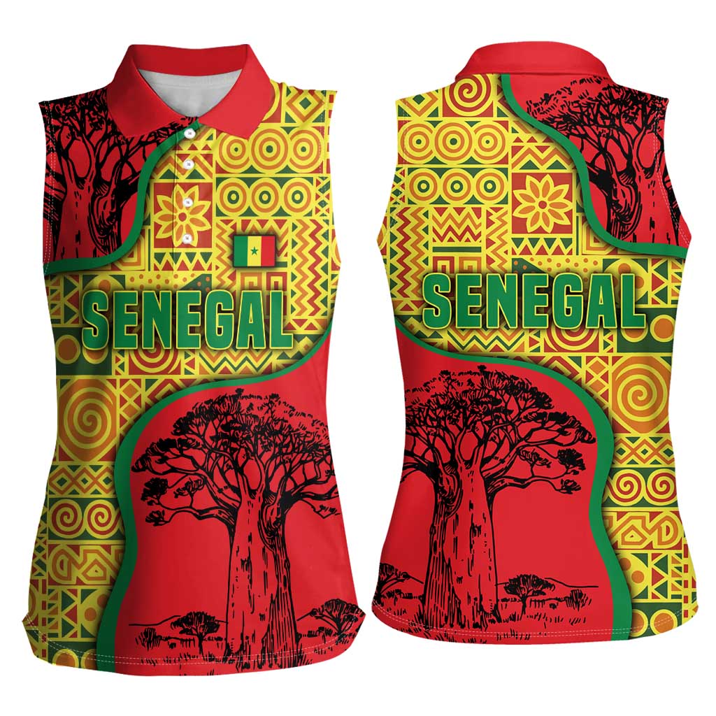Senegal Women Sleeveless Polo Shirt with Baobab Tree and African Tribal Pattern Design - Wonder Print Shop