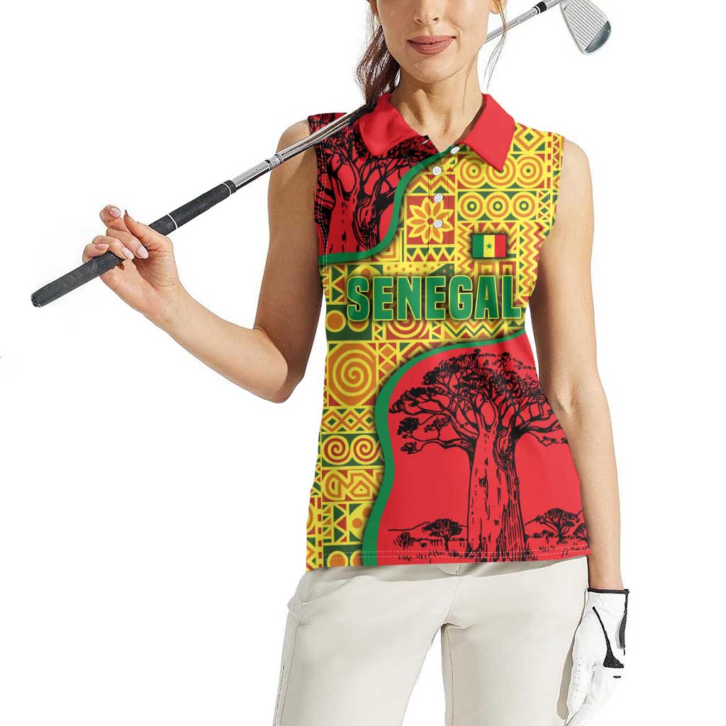 Senegal Women Sleeveless Polo Shirt with Baobab Tree and African Tribal Pattern Design - Wonder Print Shop