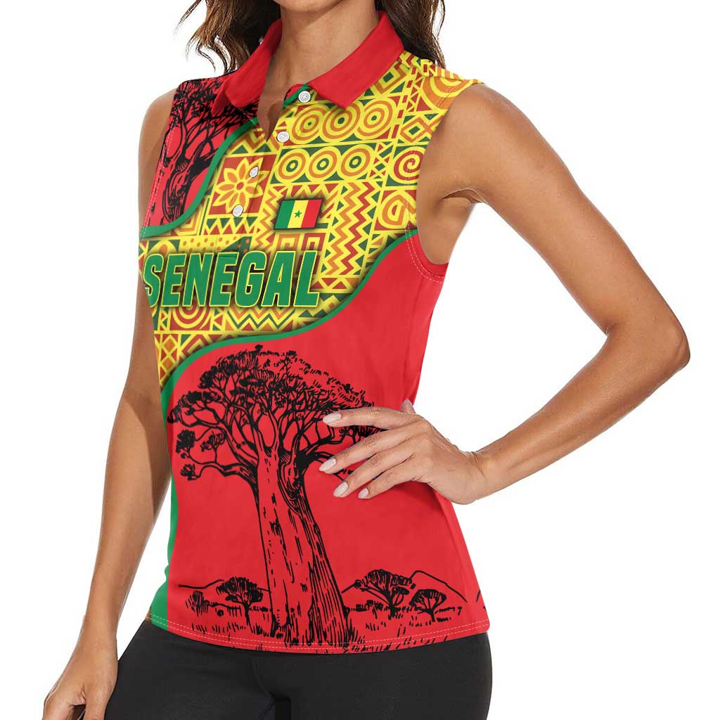 Senegal Women Sleeveless Polo Shirt with Baobab Tree and African Tribal Pattern Design - Wonder Print Shop