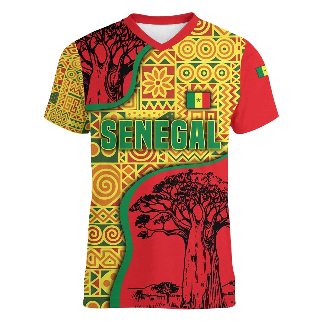 Senegal Women V-Neck T-Shirt with Baobab Tree and African Tribal Pattern Design - Wonder Print Shop