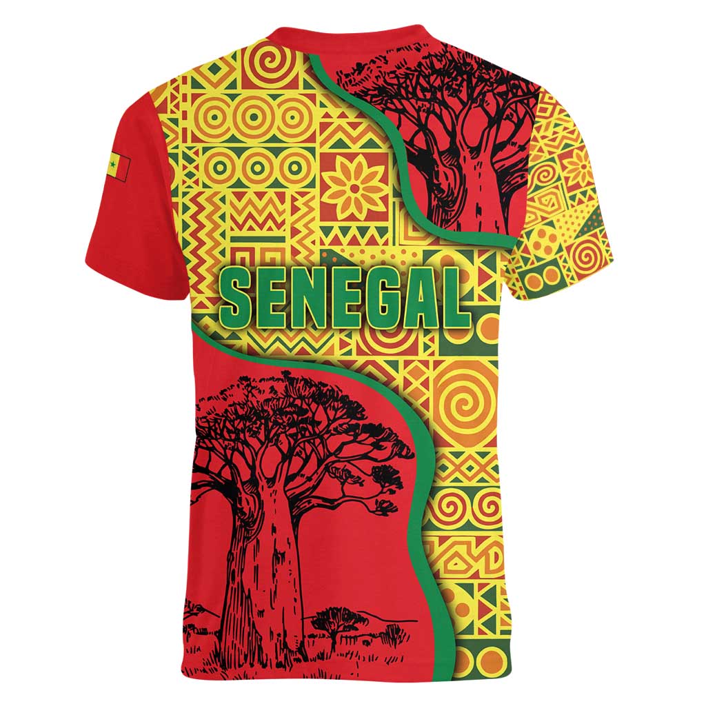 Senegal Women V-Neck T-Shirt with Baobab Tree and African Tribal Pattern Design - Wonder Print Shop