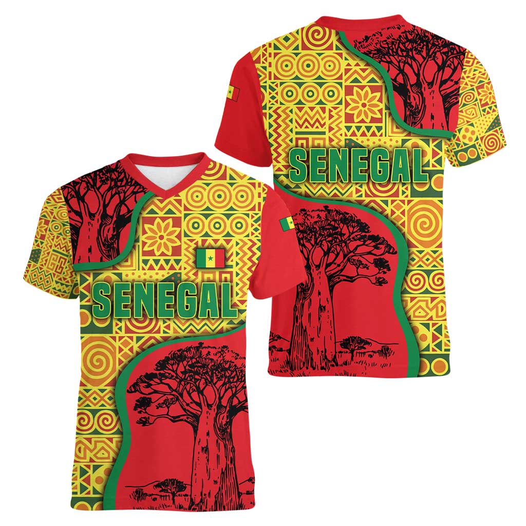 Senegal Women V-Neck T-Shirt with Baobab Tree and African Tribal Pattern Design - Wonder Print Shop