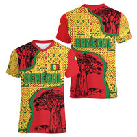 Senegal Women V-Neck T-Shirt with Baobab Tree and African Tribal Pattern Design - Wonder Print Shop
