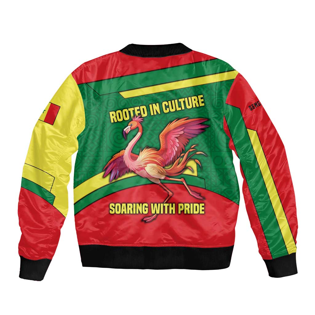 Senegal Bomber Jacket with Flamingo Design and Rooted in Culture Slogan - Wonder Print Shop