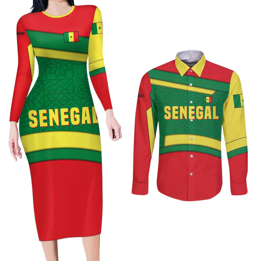 Senegal Couples Matching Long Sleeve Bodycon Dress and Long Sleeve Button Shirt with Flamingo Design and Rooted in Culture Slogan - Wonder Print Shop