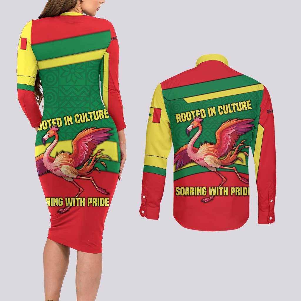 Senegal Couples Matching Long Sleeve Bodycon Dress and Long Sleeve Button Shirt with Flamingo Design and Rooted in Culture Slogan - Wonder Print Shop