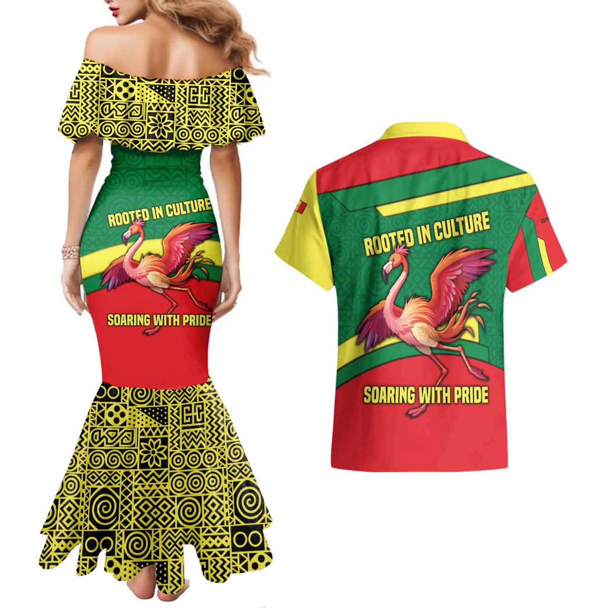 Senegal Couples Matching Mermaid Dress and Hawaiian Shirt with Flamingo Design and Rooted in Culture Slogan - Wonder Print Shop