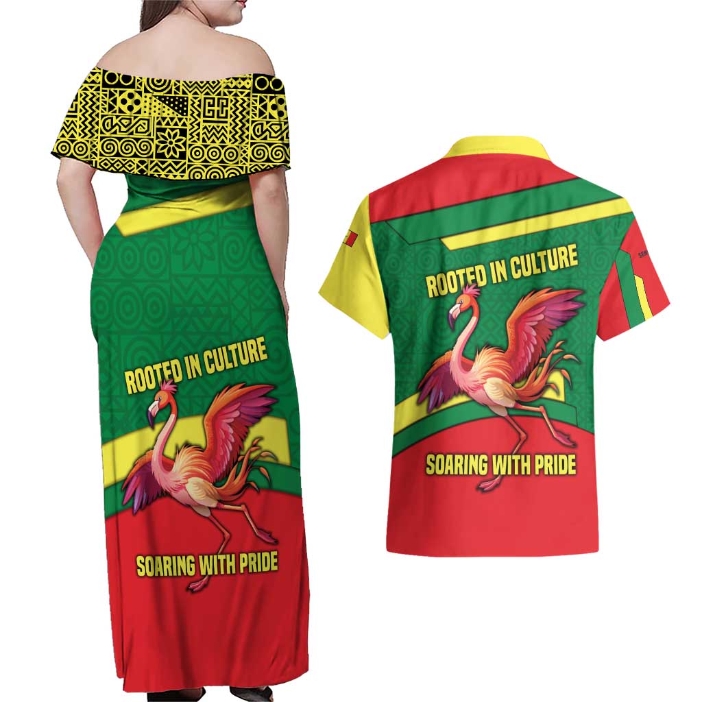 Senegal Couples Matching Off Shoulder Maxi Dress and Hawaiian Shirt with Flamingo Design and Rooted in Culture Slogan - Wonder Print Shop