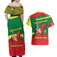 Senegal Couples Matching Off Shoulder Maxi Dress and Hawaiian Shirt with Flamingo Design and Rooted in Culture Slogan - Wonder Print Shop