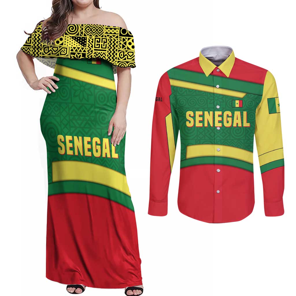 Senegal Couples Matching Off Shoulder Maxi Dress and Long Sleeve Button Shirt with Flamingo Design and Rooted in Culture Slogan - Wonder Print Shop