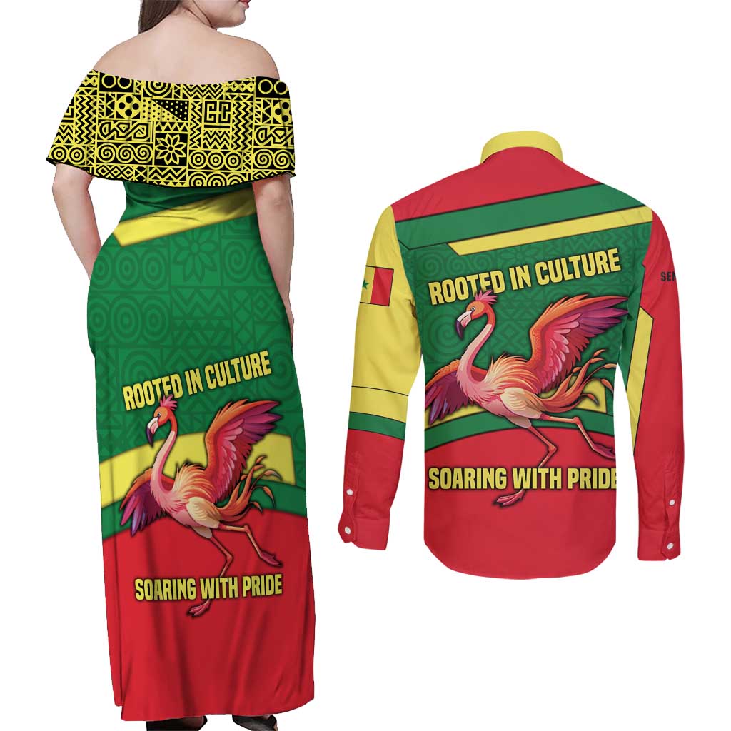Senegal Couples Matching Off Shoulder Maxi Dress and Long Sleeve Button Shirt with Flamingo Design and Rooted in Culture Slogan - Wonder Print Shop