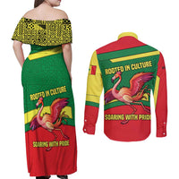 Senegal Couples Matching Off Shoulder Maxi Dress and Long Sleeve Button Shirt with Flamingo Design and Rooted in Culture Slogan - Wonder Print Shop