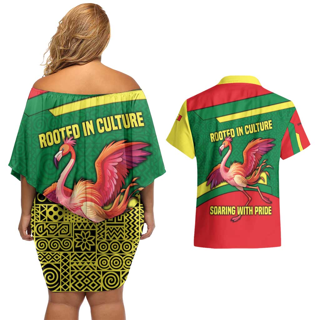 Senegal Couples Matching Off Shoulder Short Dress and Hawaiian Shirt with Flamingo Design and Rooted in Culture Slogan - Wonder Print Shop