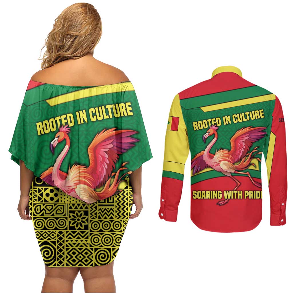 Senegal Couples Matching Off Shoulder Short Dress and Long Sleeve Button Shirt with Flamingo Design and Rooted in Culture Slogan - Wonder Print Shop