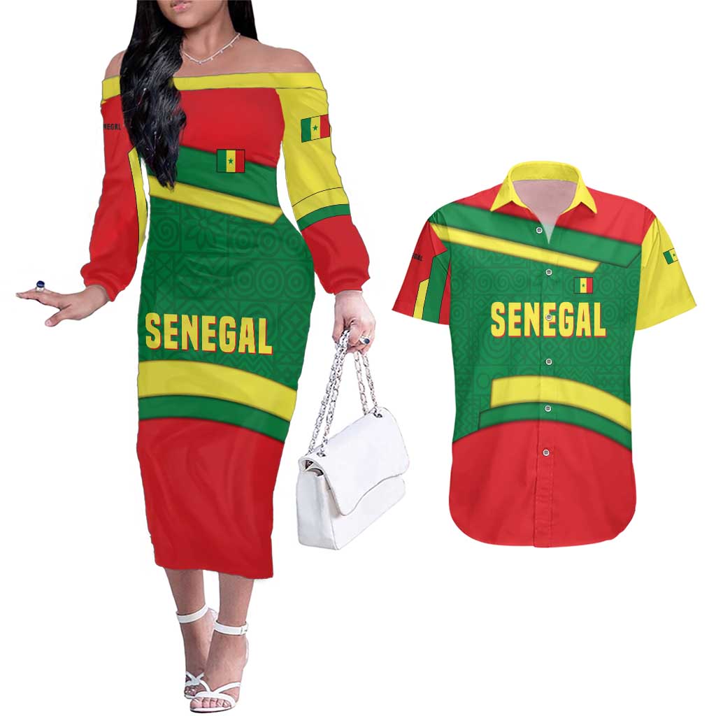 Senegal Couples Matching Off The Shoulder Long Sleeve Dress and Hawaiian Shirt with Flamingo Design and Rooted in Culture Slogan - Wonder Print Shop